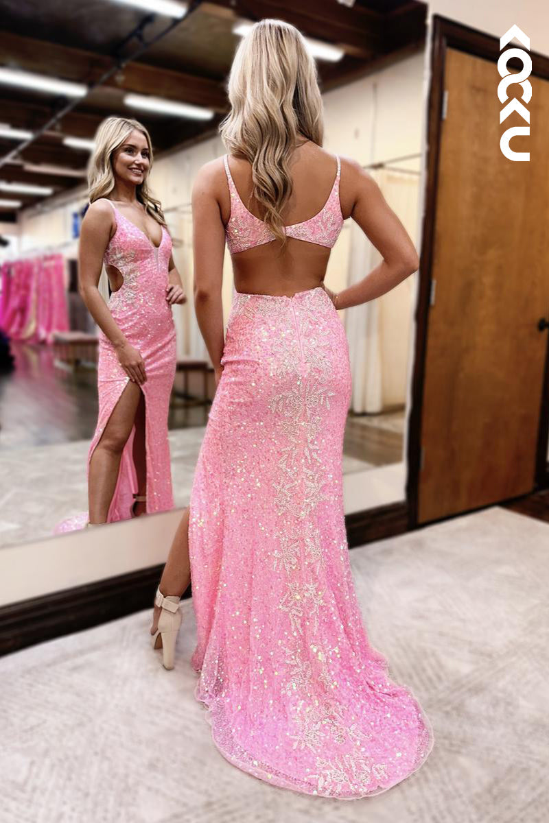L2866 - Gorgeous & Charming Spaghetti Straps Sleeveless Slit Sequins Backless Party Prom Dress