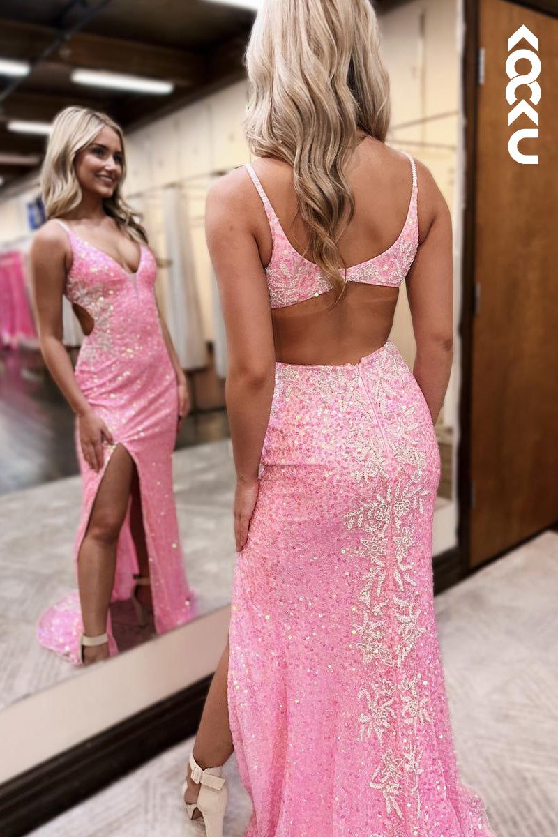 L2866 - Gorgeous & Charming Spaghetti Straps Sleeveless Slit Sequins Backless Party Prom Dress