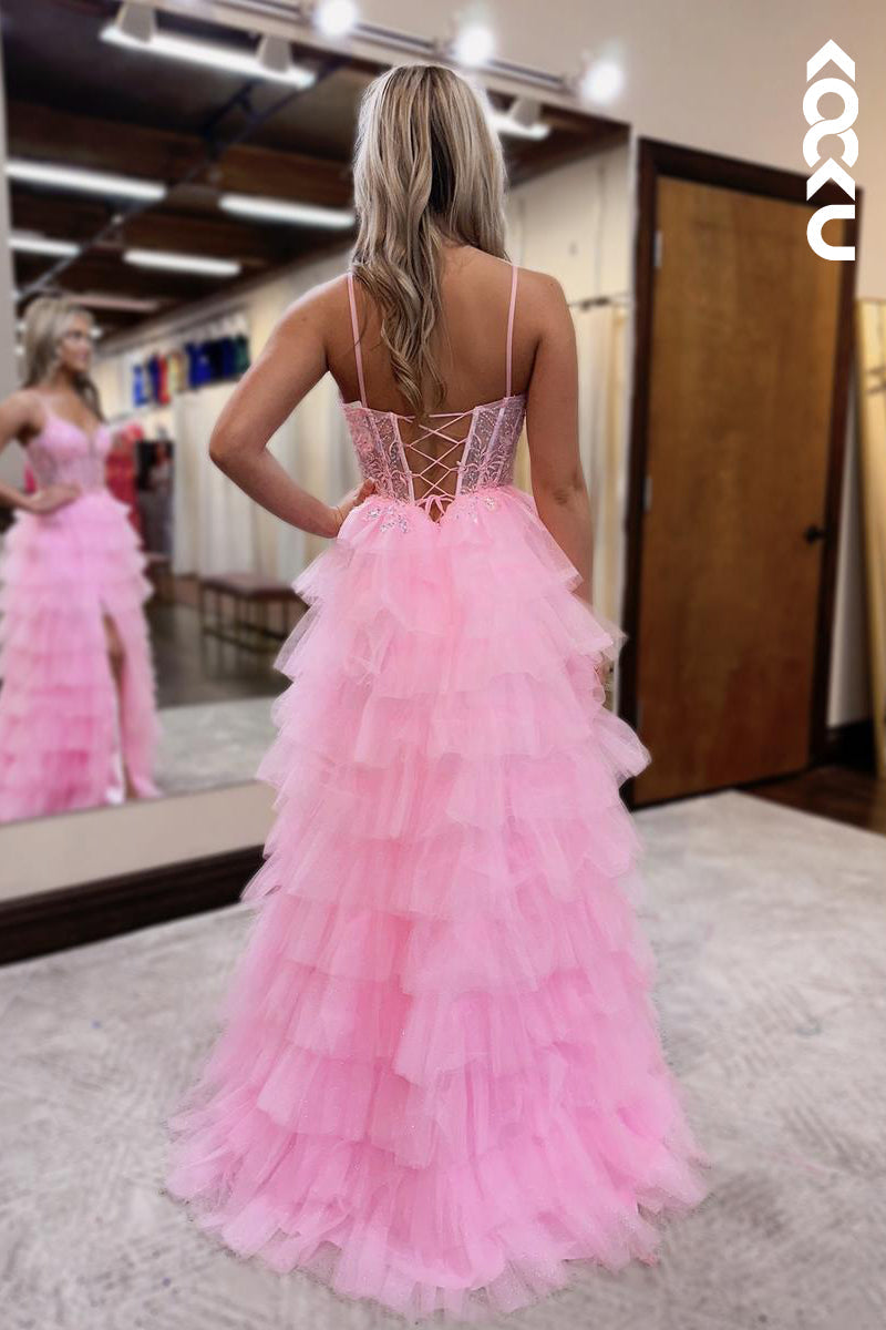 L2629 - Classic & Timeless Spaghetti Straps V-Neck A-line Side Slit Tulle Party Formal Prom Dress