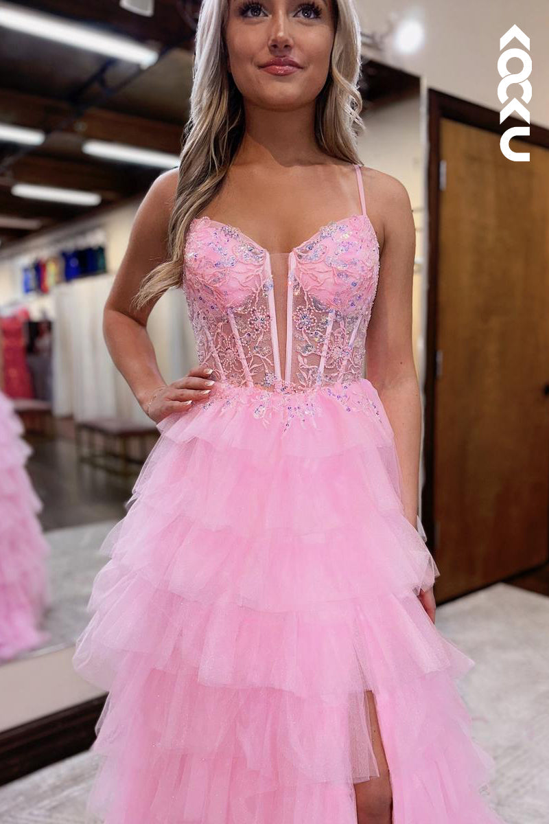 L2629 - Classic & Timeless Spaghetti Straps V-Neck A-line Side Slit Tulle Party Formal Prom Dress