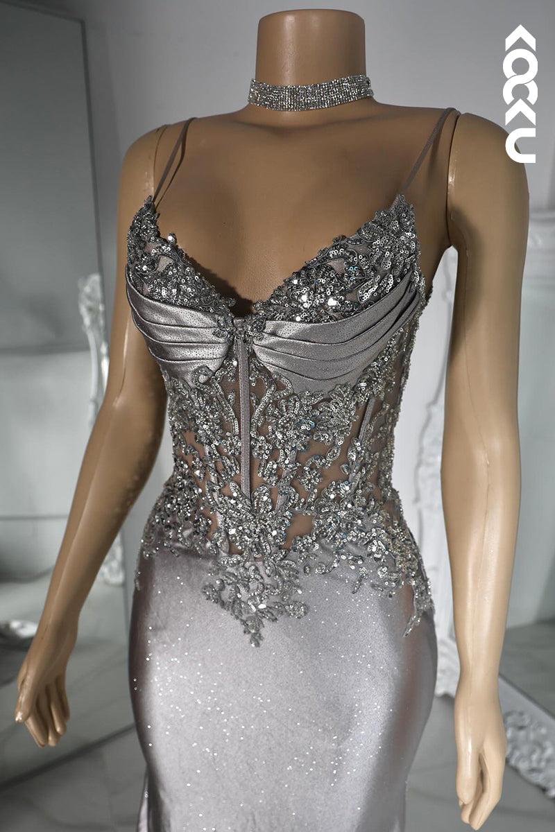 L2801 - Couture & Ornate Spaghetti Straps V neck Mermaid Sequins Evening Party Prom Dress