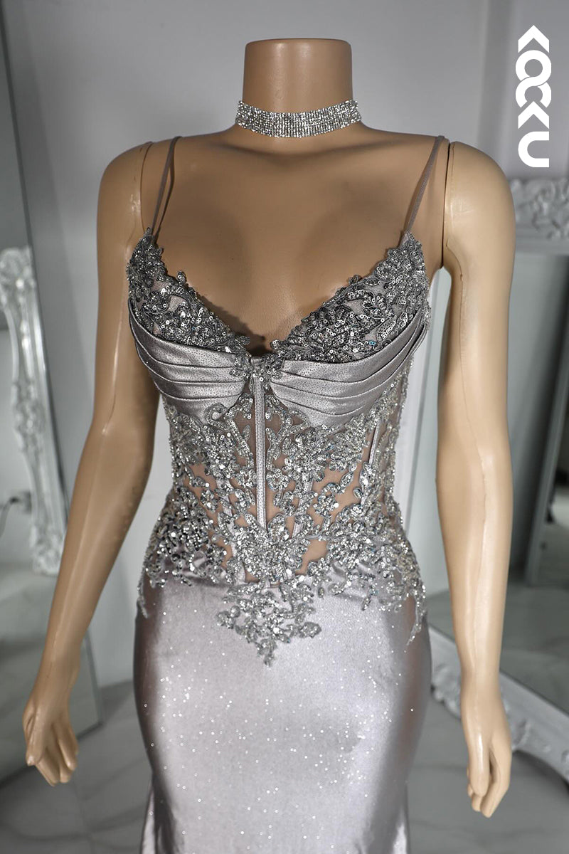 L2801 - Couture & Ornate Spaghetti Straps V neck Mermaid Sequins Evening Party Prom Dress