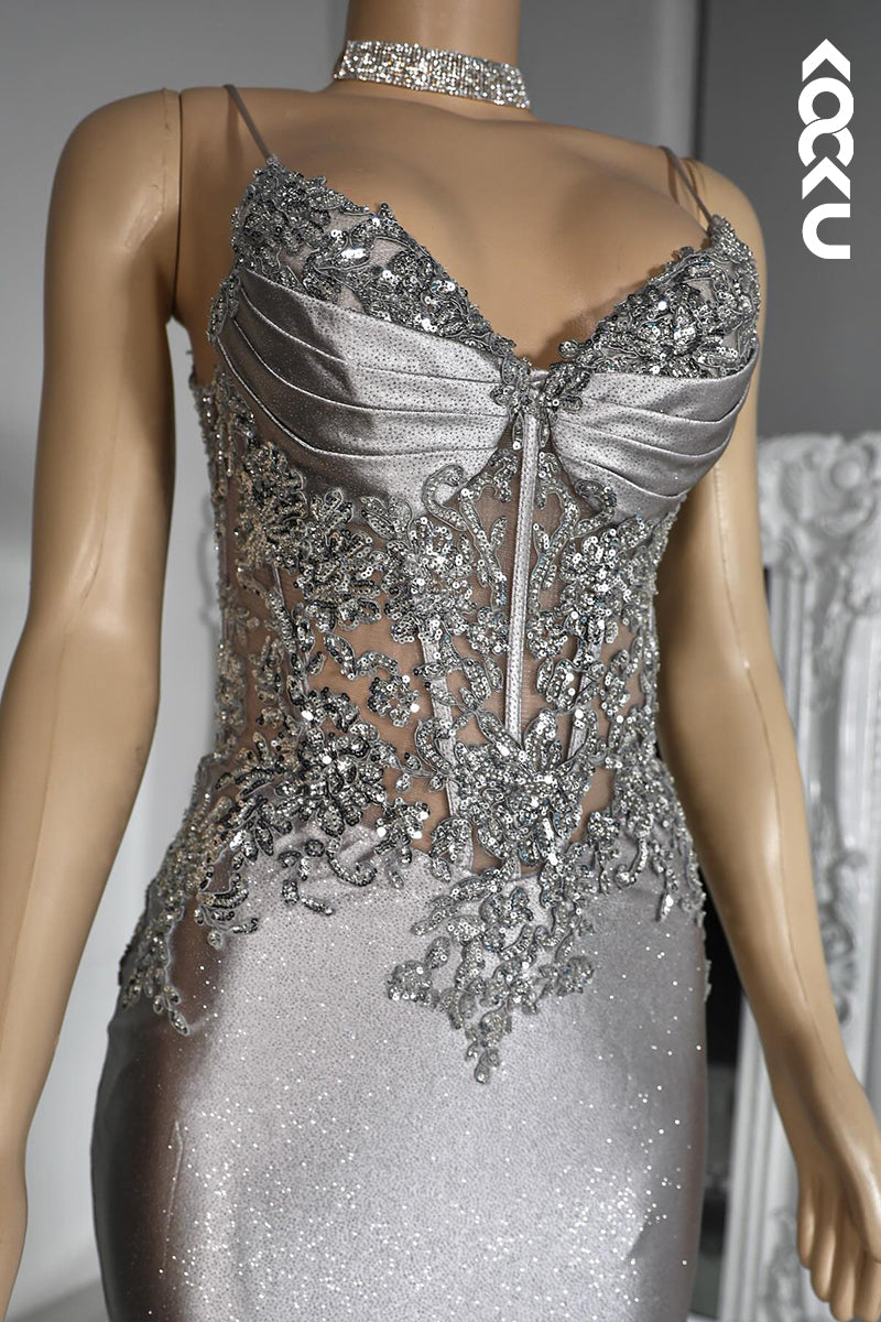 L2801 - Couture & Ornate Spaghetti Straps V neck Mermaid Sequins Evening Party Prom Dress
