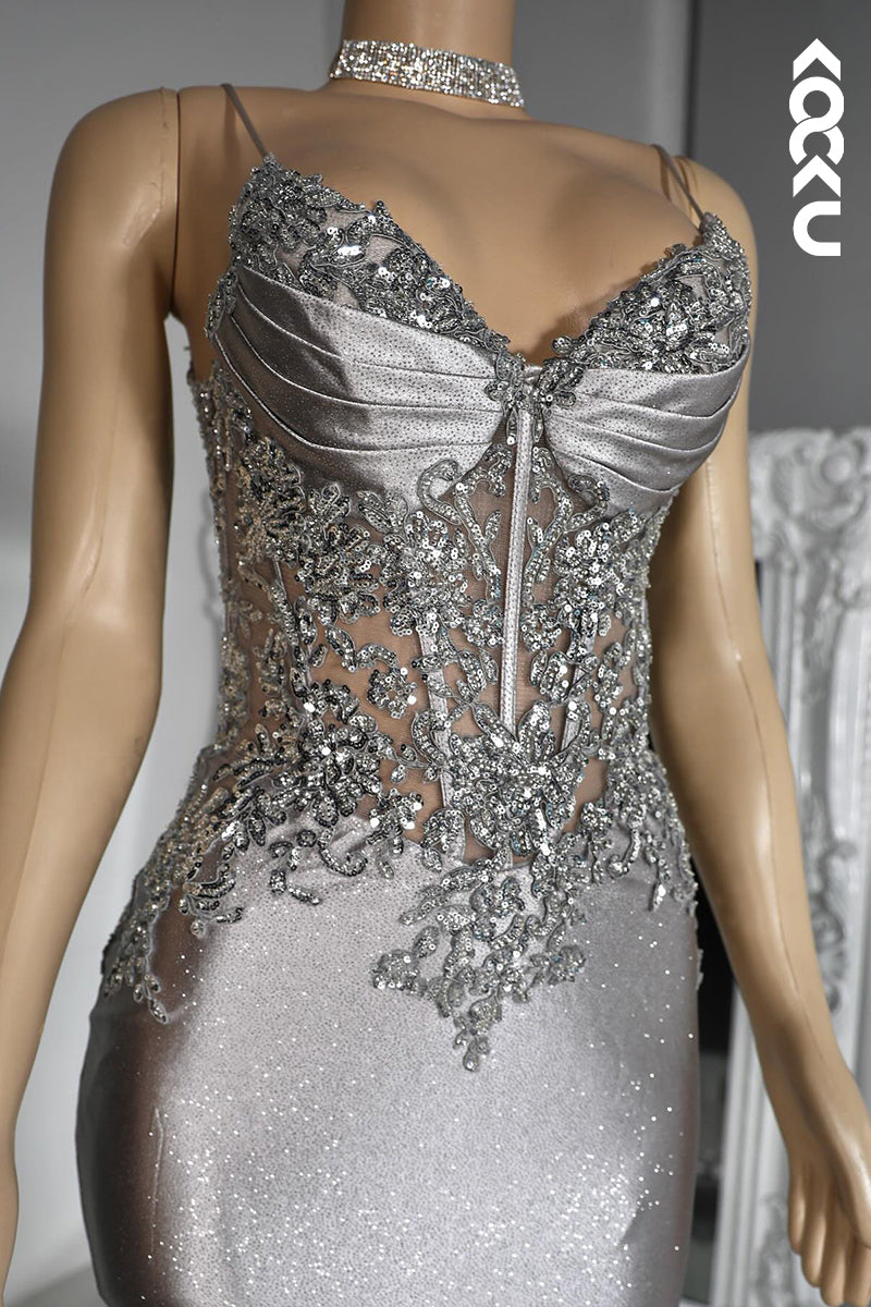 L2801 - Couture & Ornate Spaghetti Straps V neck Mermaid Sequins Evening Party Prom Dress