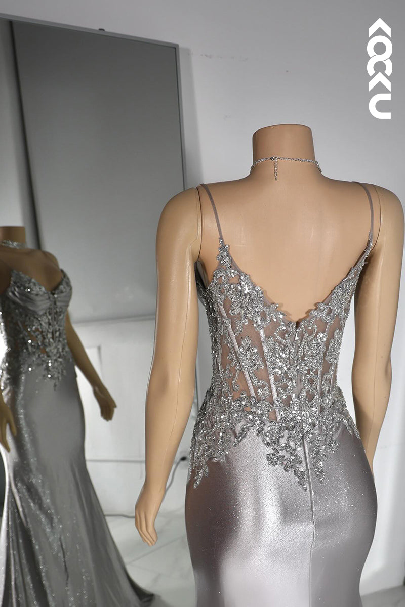 L2801 - Couture & Ornate Spaghetti Straps V neck Mermaid Sequins Evening Party Prom Dress