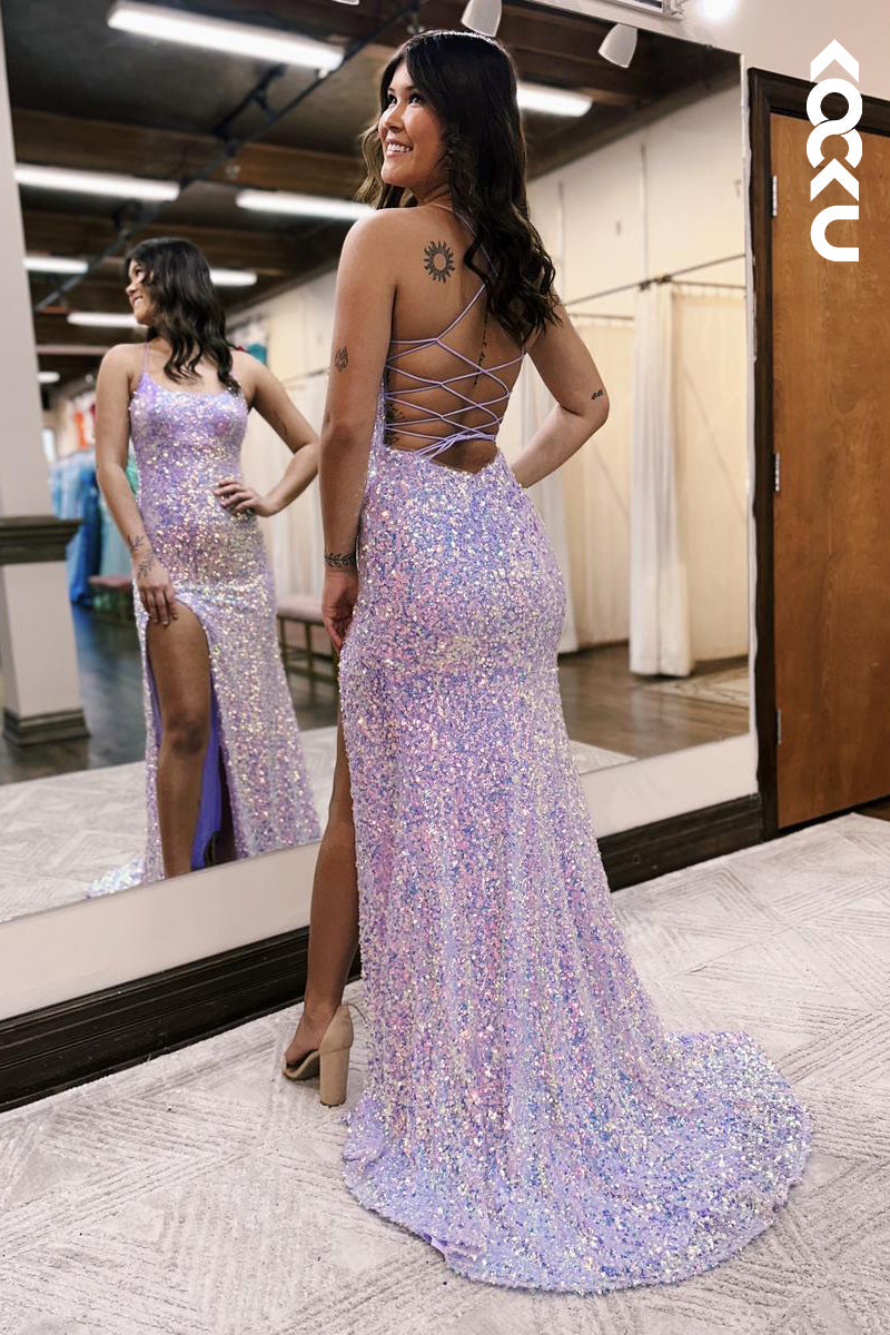 L2231 - Elegant Sheath Sequins Straps Scoop Slit Party Prom Dress