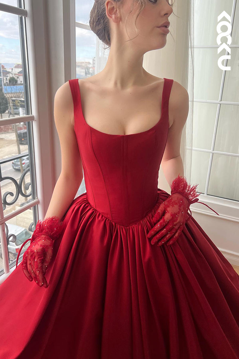 L2742 - Gorgeous & Charming Straps Square A-line Side Slit Ruched Prom Dress