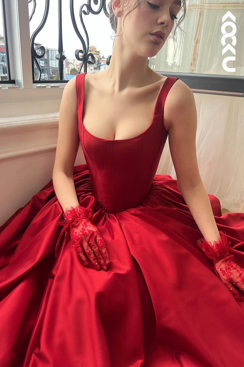 L2742 - Gorgeous & Charming Straps Square A-line Side Slit Ruched Prom Dress
