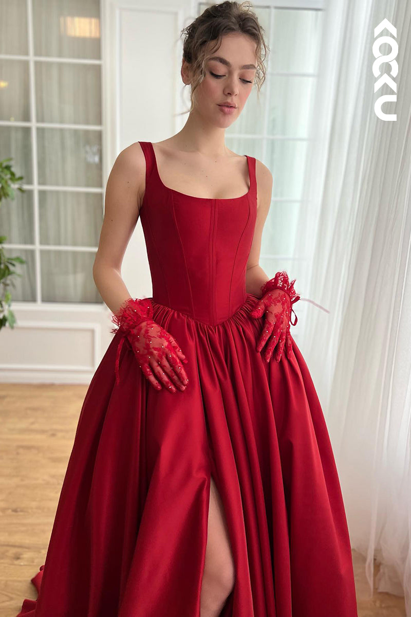L2742 - Gorgeous & Charming Straps Square A-line Side Slit Ruched Prom Dress