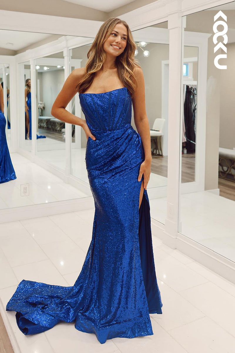 L2765 - Classic & Timeless Sparkly Off-Shoulder Sleeveless Side Slit Mermaid Prom Dress