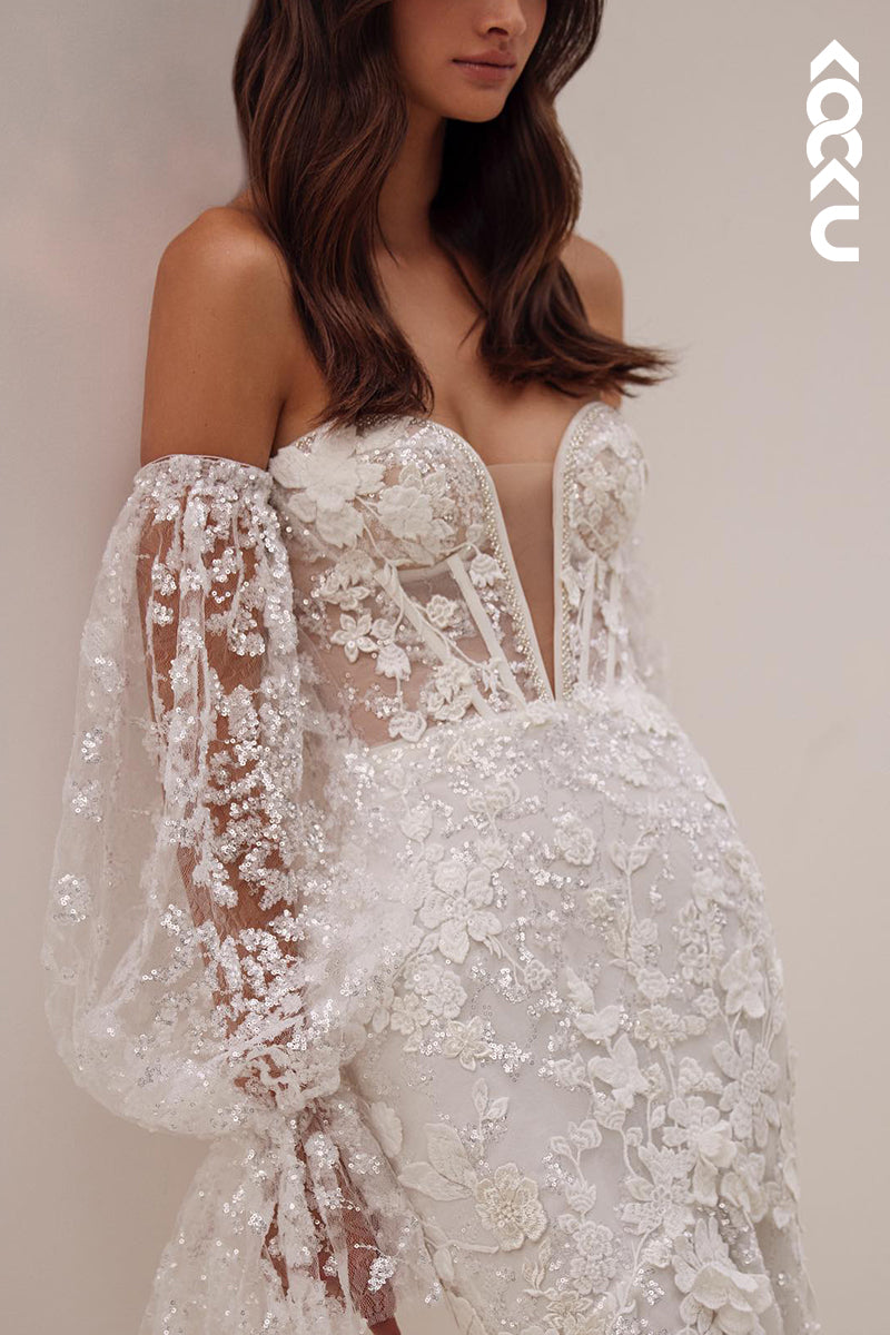 K2081 - Elegant & Luxurious Long Sleeves Off-Shoulder Trumpet/Mermaid Appliques Wedding Dress