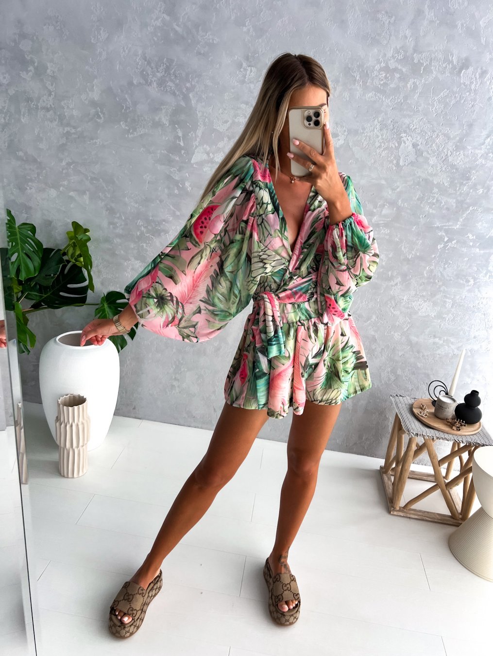 Floral Print Wrap Long Sleeve Ruffle A-Line Midi Dress
