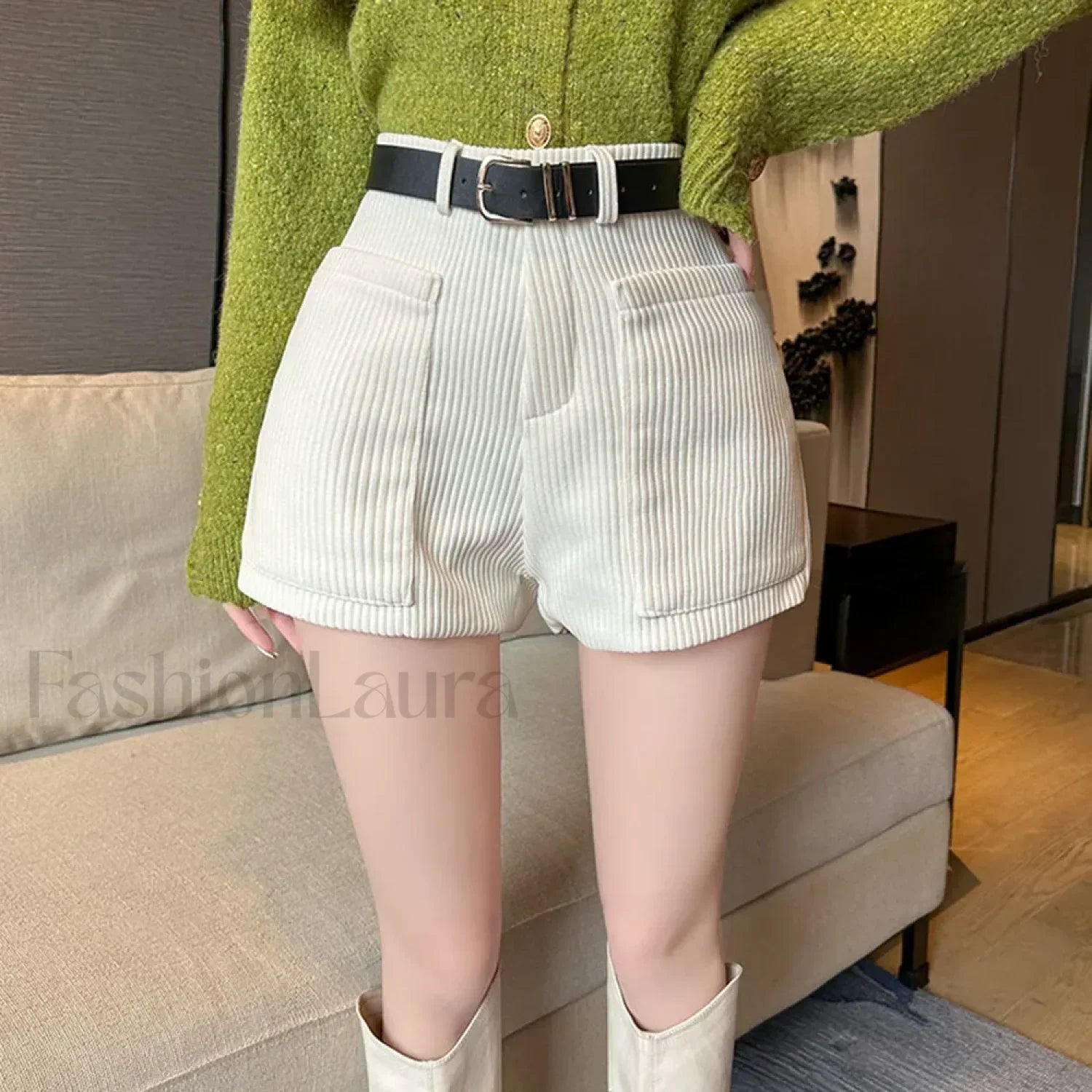 Korean Chic Pocket Office Lady Corduroy Shorts WHITE / S