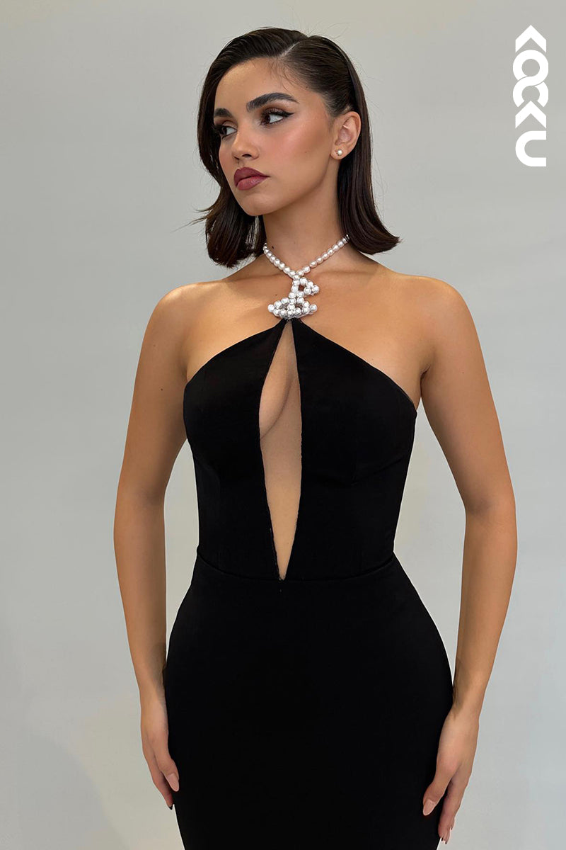 L2194 - Elegant Pearls Halter Sleeveless Sheath Evening Party Prom Dress