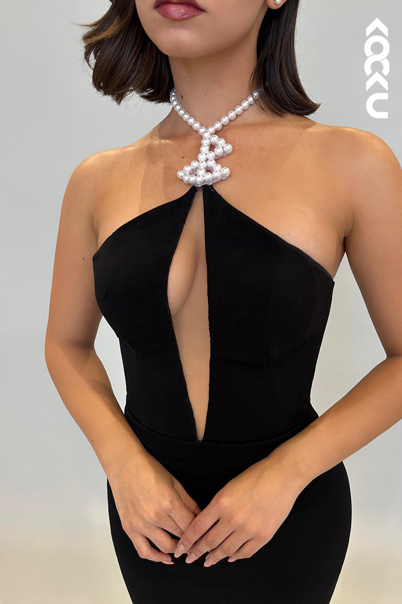 L2194 - Elegant Pearls Halter Sleeveless Sheath Evening Party Prom Dress