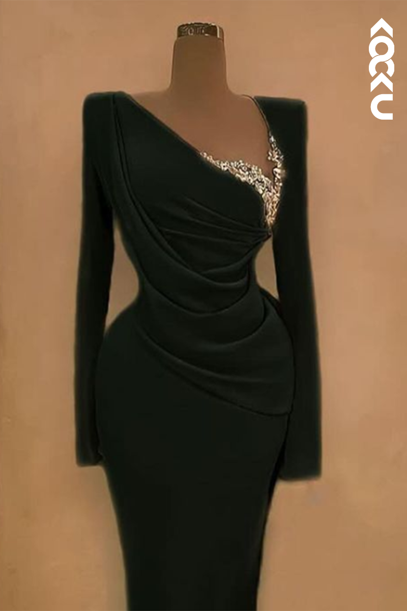 L2193 - Morden V-Neck Sheath Long sleeves Ruched Evening Party Prom Dress With Rhinestone