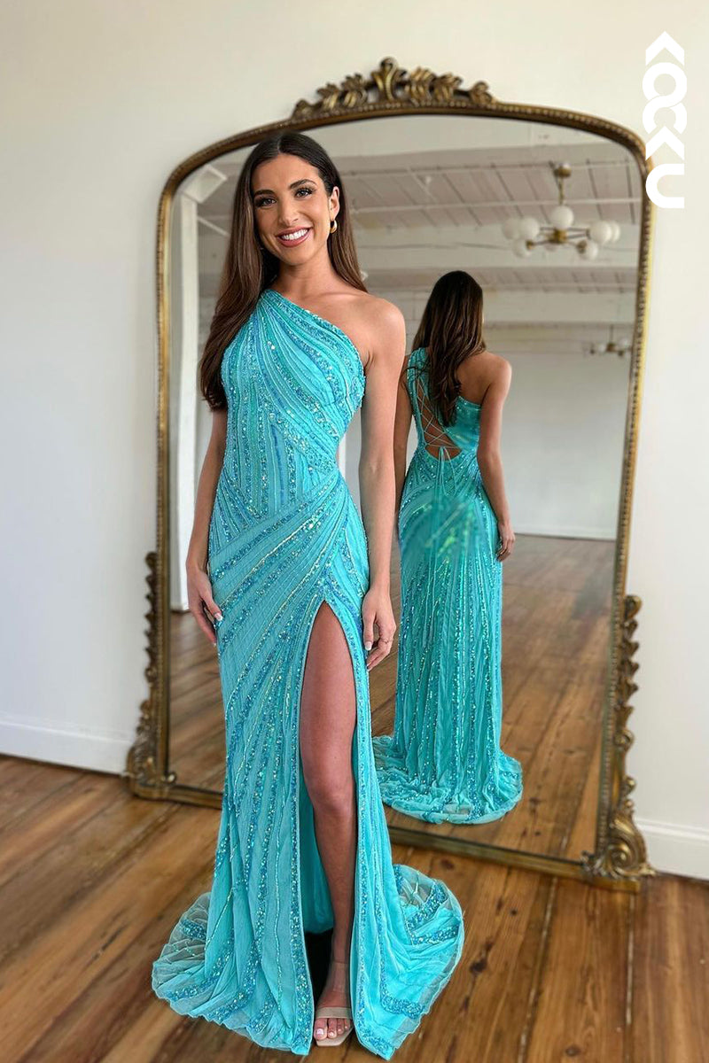 L2201 - One-Shoulder Criss-Cross Straps Sequins Sleeveless Slit Party Prom Dress