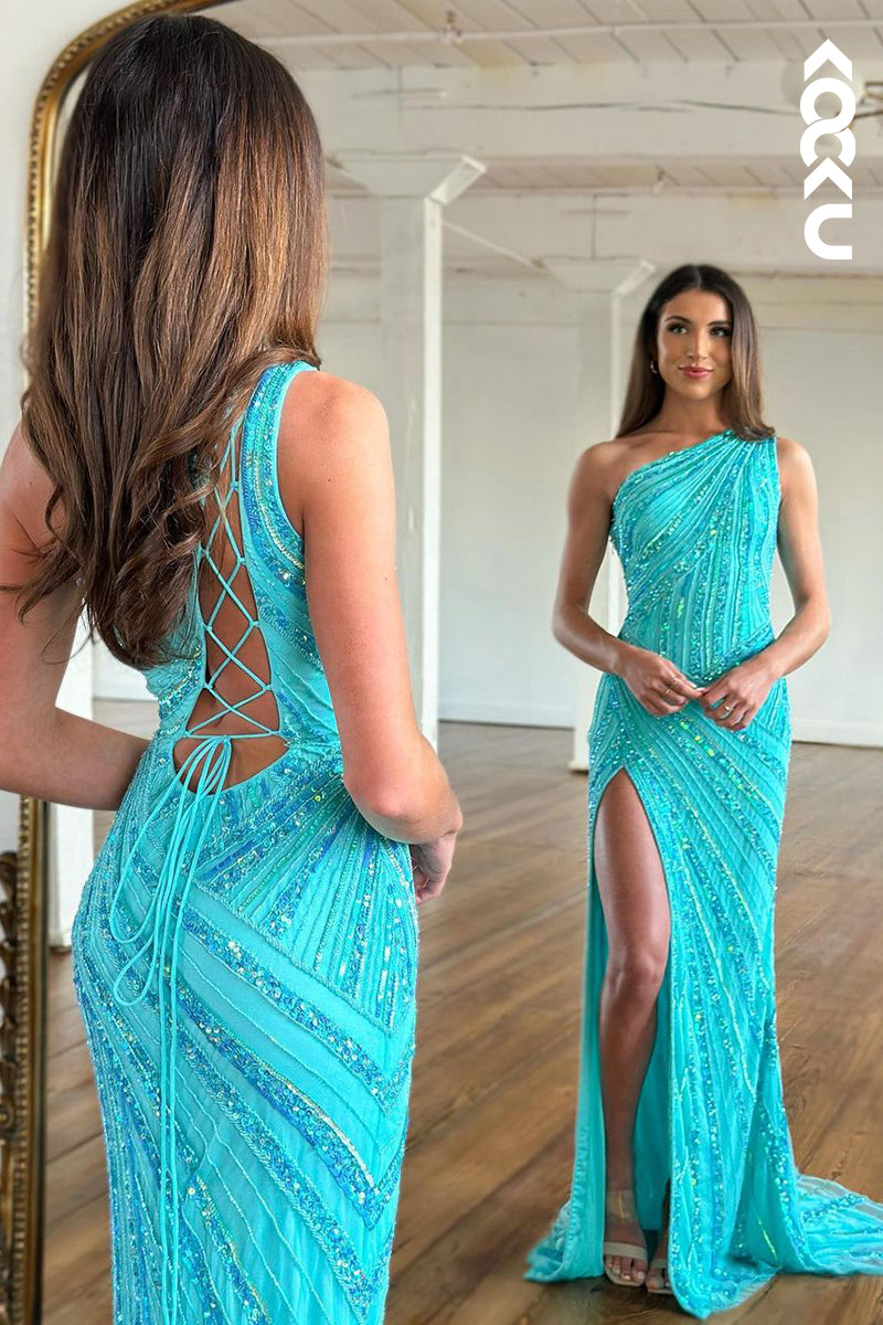 L2201 - One-Shoulder Criss-Cross Straps Sequins Sleeveless Slit Party Prom Dress