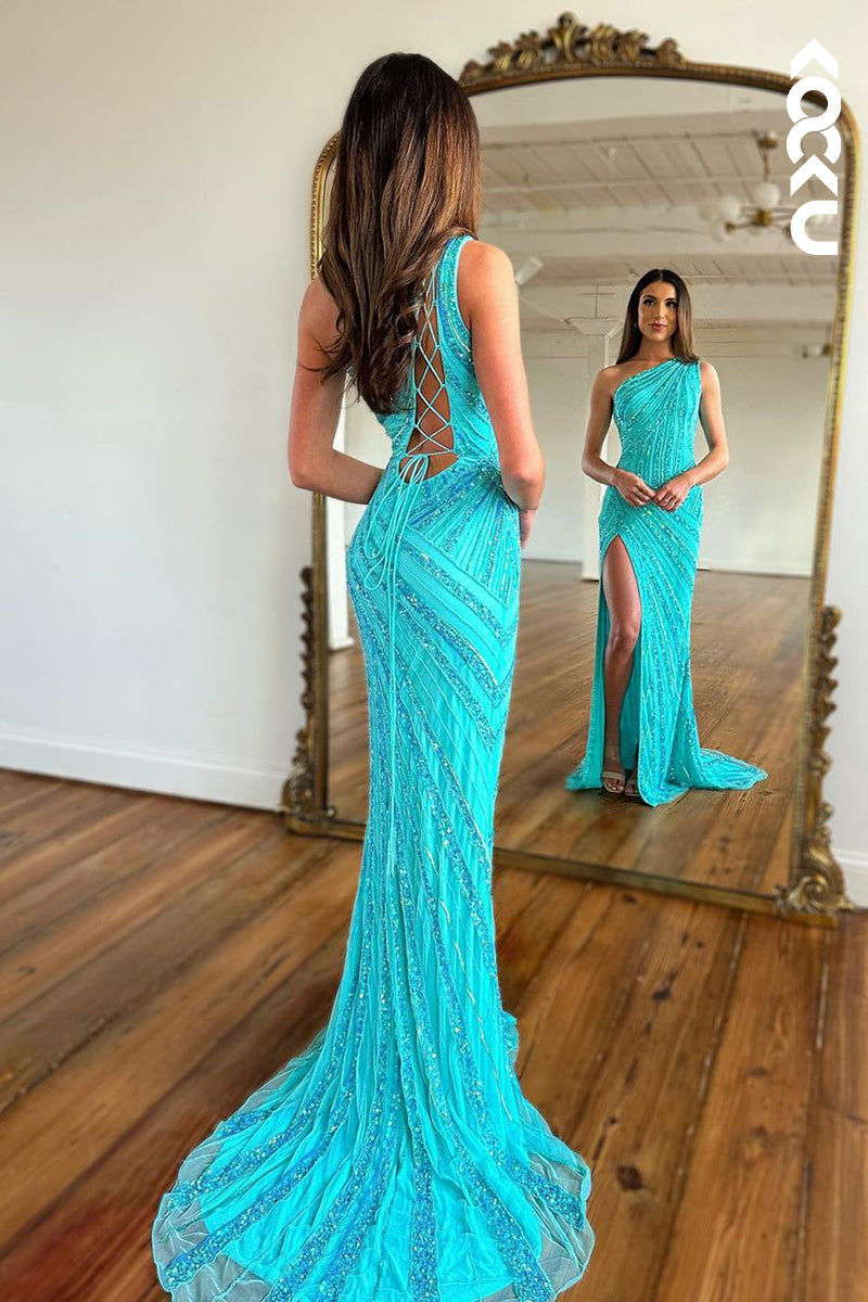 L2201 - One-Shoulder Criss-Cross Straps Sequins Sleeveless Slit Party Prom Dress