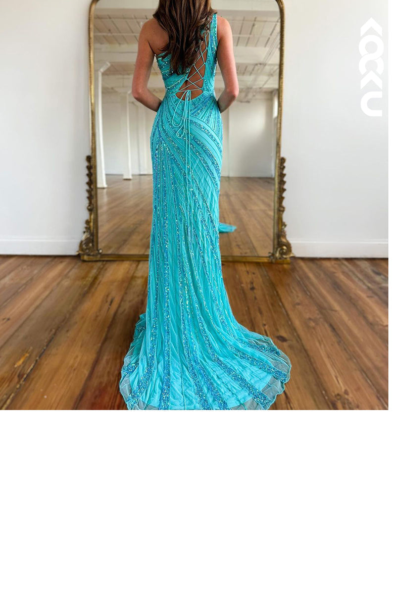 L2201 - One-Shoulder Criss-Cross Straps Sequins Sleeveless Slit Party Prom Dress