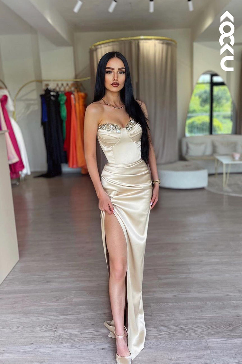 L2189 - Chic & Morden Off-Shoulder Sleeveless Ruched Slit Sheath Prom Dress With Slit