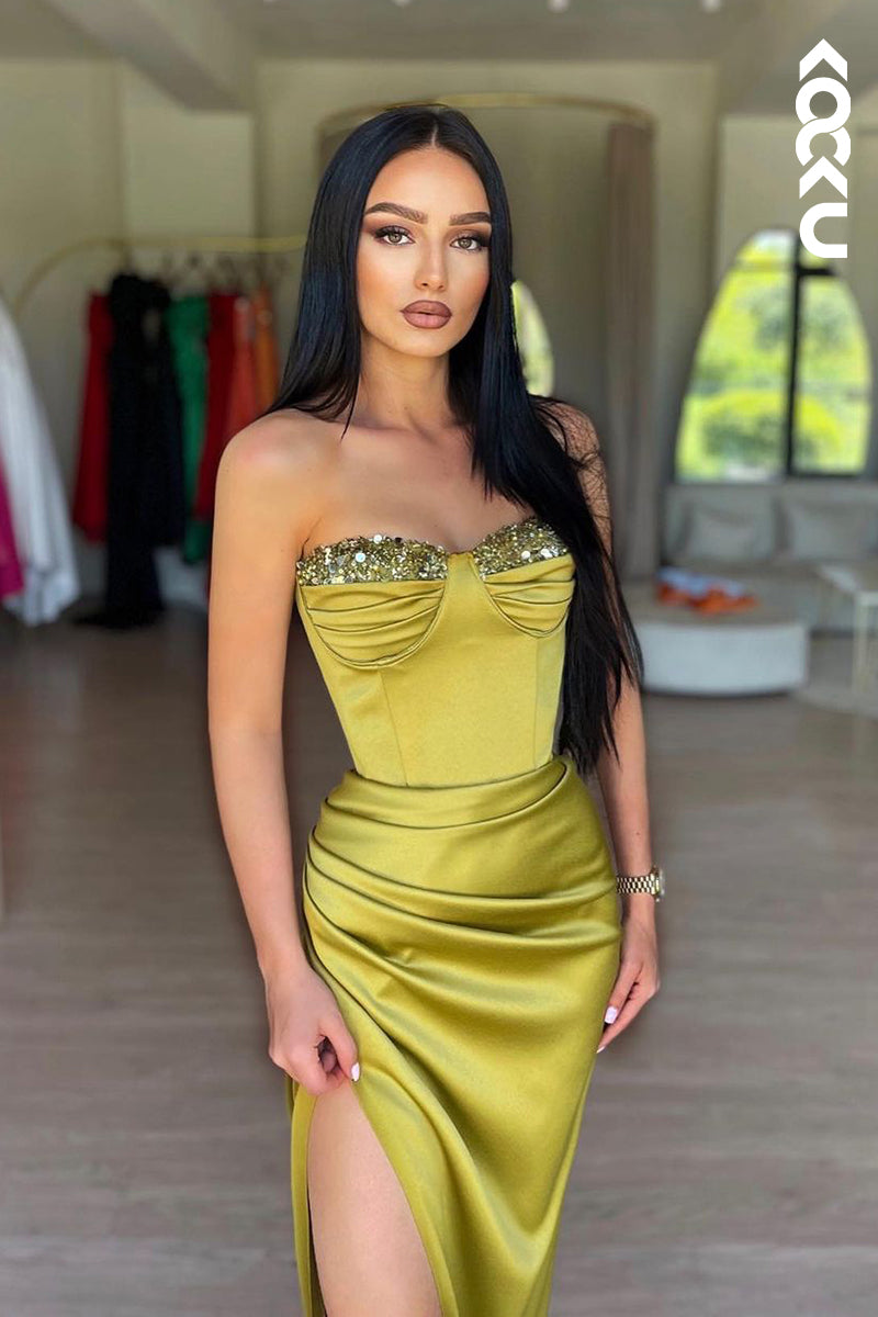 L2189 - Chic & Morden Off-Shoulder Sleeveless Ruched Slit Sheath Prom Dress With Slit