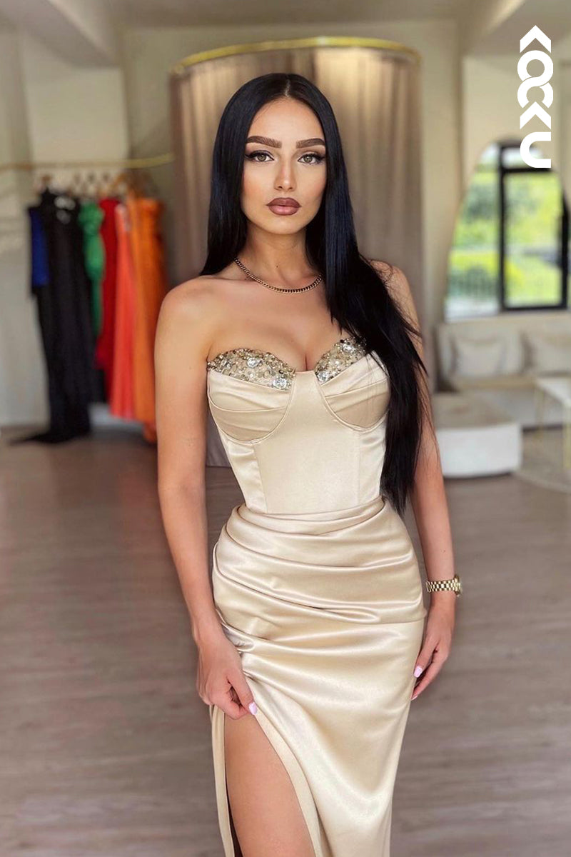 L2189 - Chic & Morden Off-Shoulder Sleeveless Ruched Slit Sheath Prom Dress With Slit
