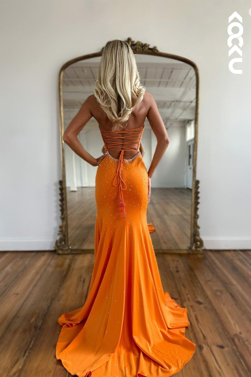 L2199 - Couture & Ornate Off-shoulder Side Slit Sleeveless Fully beaded Backless Mermaid Prom Dress