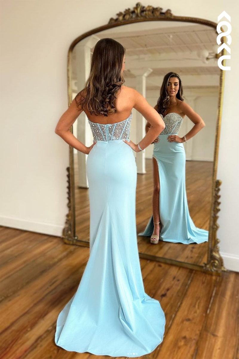 L2202 - Elegant Sweetheart Sleeveless Beaded Sheath Slit Evening Party Prom Dress