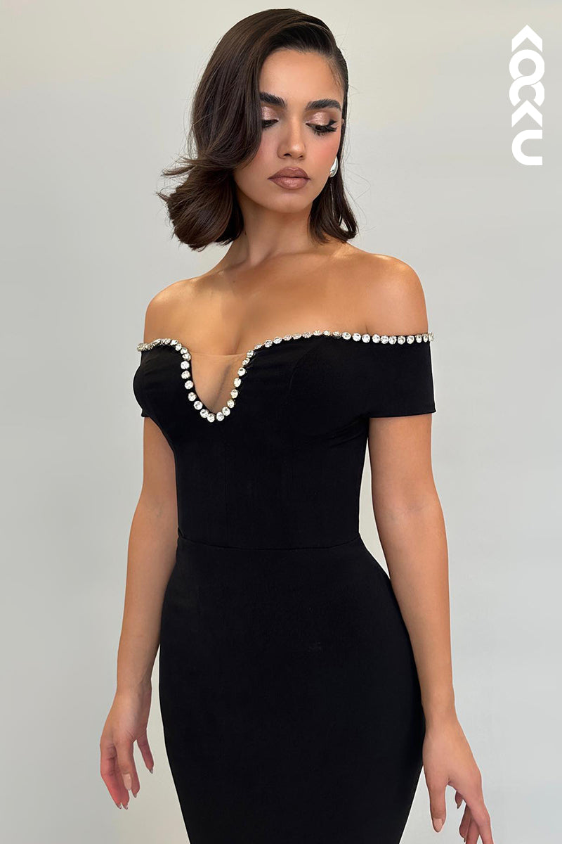 L2182 - Off-Shoulder Cap sleeves Sheath/Trumpet Party Prom Dress