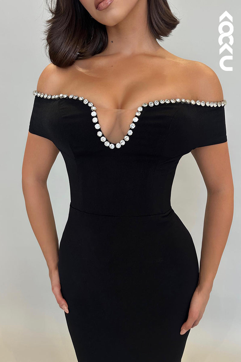 L2182 - Off-Shoulder Cap sleeves Sheath/Trumpet Party Prom Dress