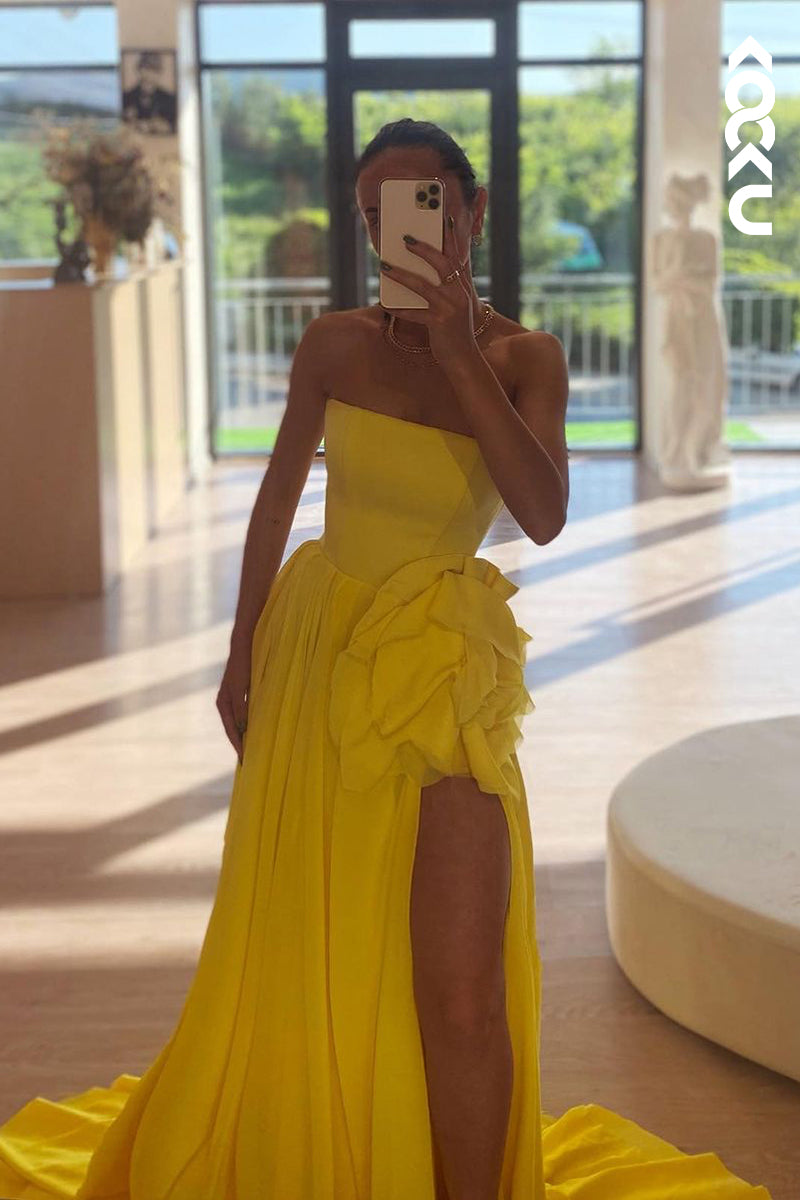 L2184 - Classic Off shoulder Sleeveless Ruched Side Slit Prom Dress With Flower