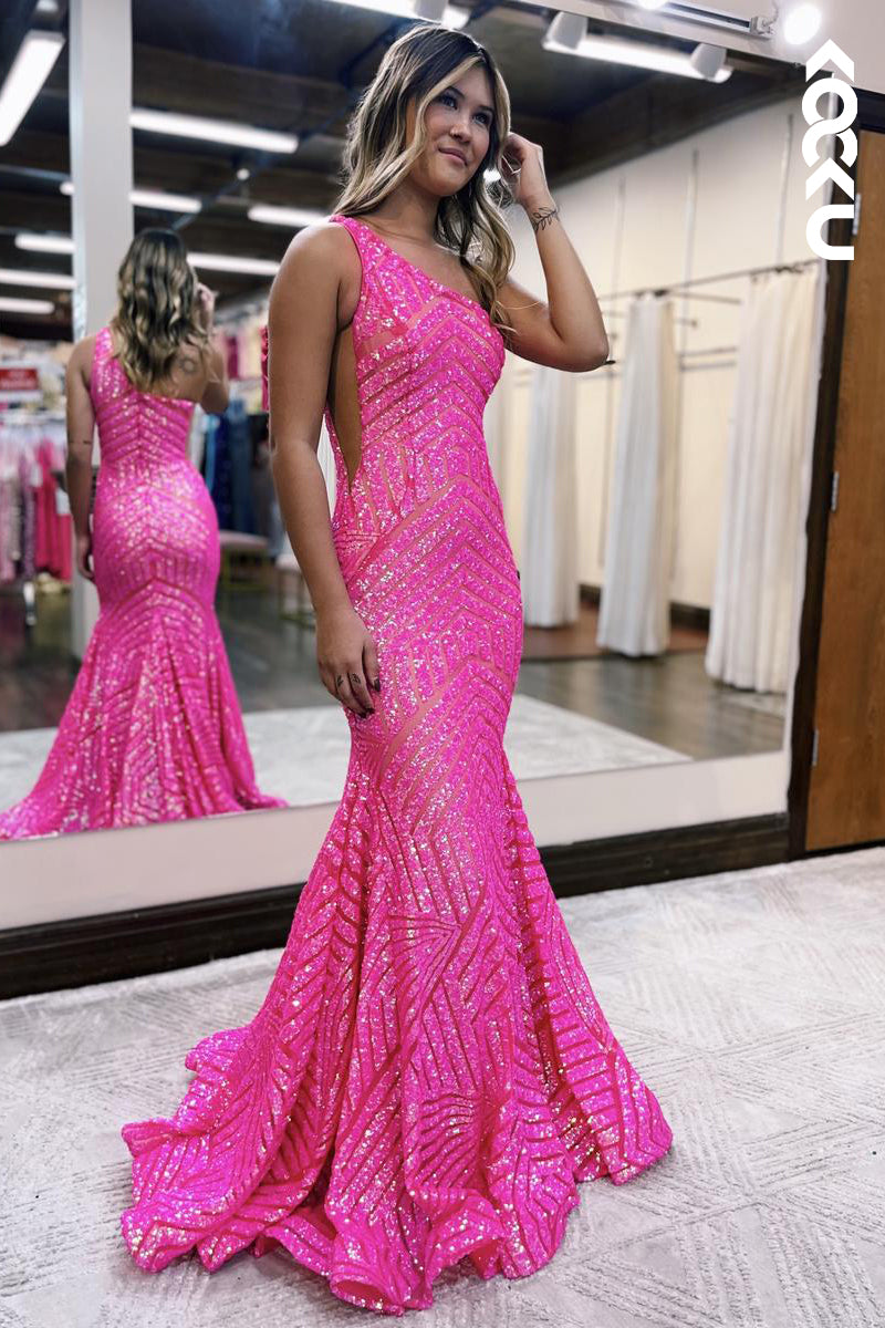 L2204 - One-Shoulder Sleeveless Sequins Mermaid Party Prom Dress