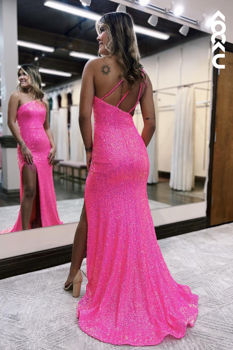 L2212 - Chic One-Shoulder Sleeveless Sequins Side Slit Mermaid Party Prom Dress