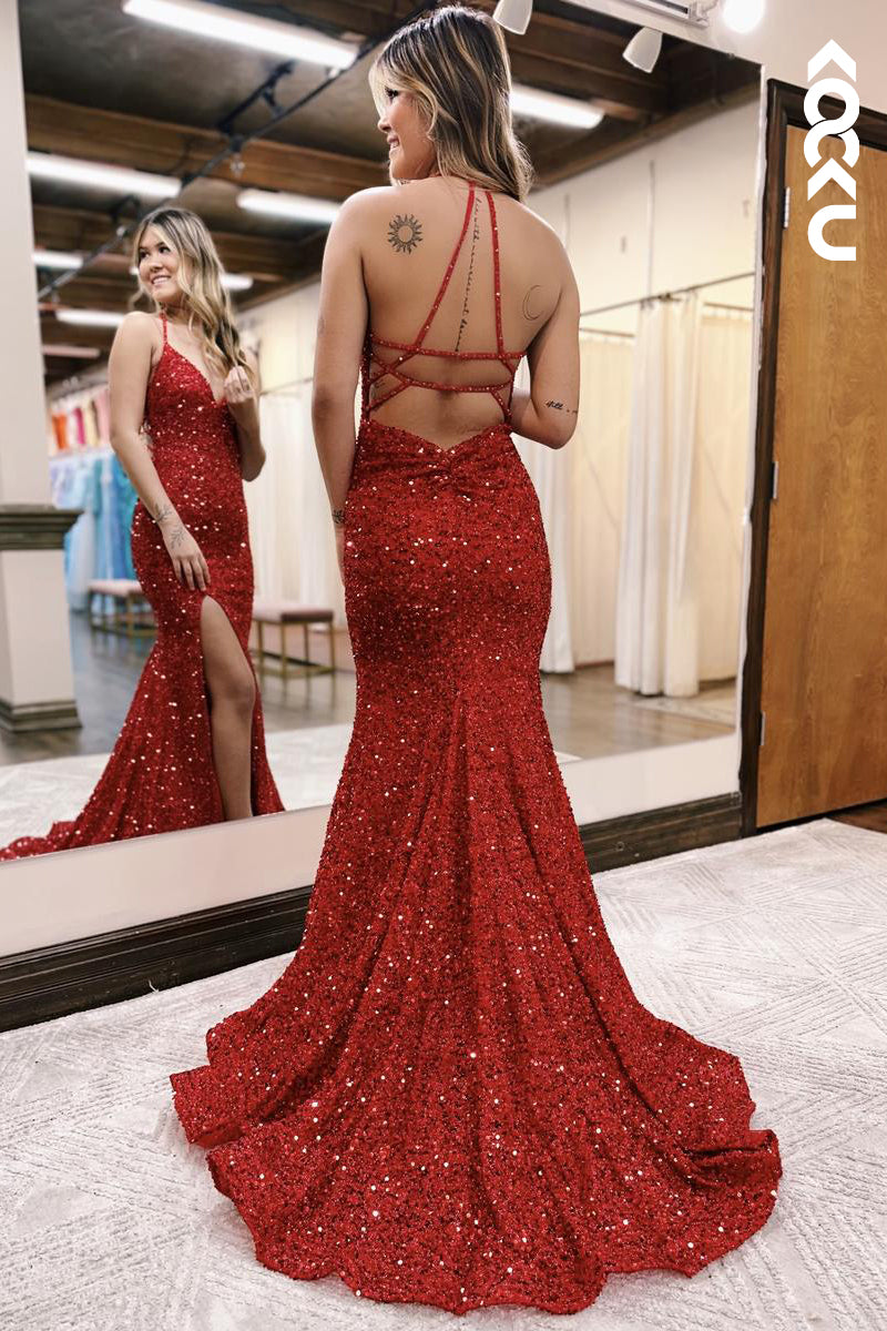 L2207 - Backless Straps V neck Mermaid Slit Sequined Party Prom Dress