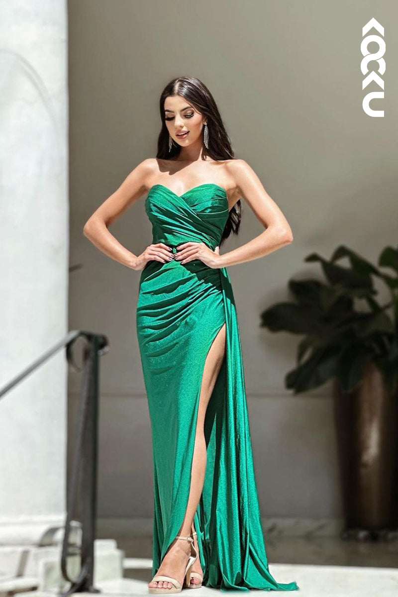 L2178 - Simple & Casual Ruched Sweetheart Sleeveless Side slit Prom Dresss