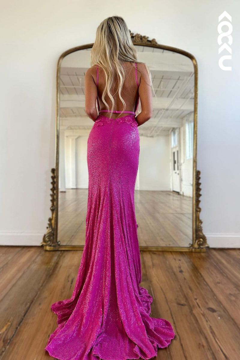 L2198 - Sexy Deep V-neck Straps Sheath Side Slit Mermaid Party Prom Dress With Applique