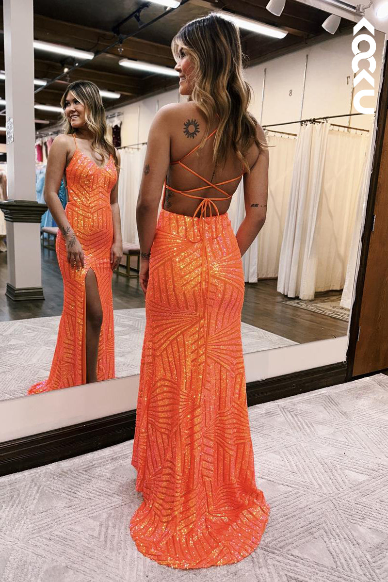 L2211 - V-Neck Spaghetti straps Backless Side Slit Party Prom Dress