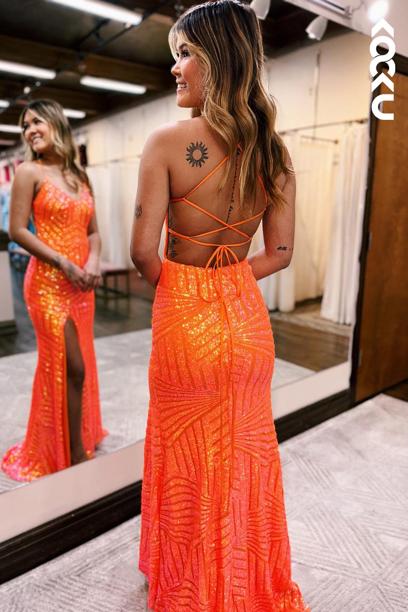 L2211 - V-Neck Spaghetti straps Backless Side Slit Party Prom Dress
