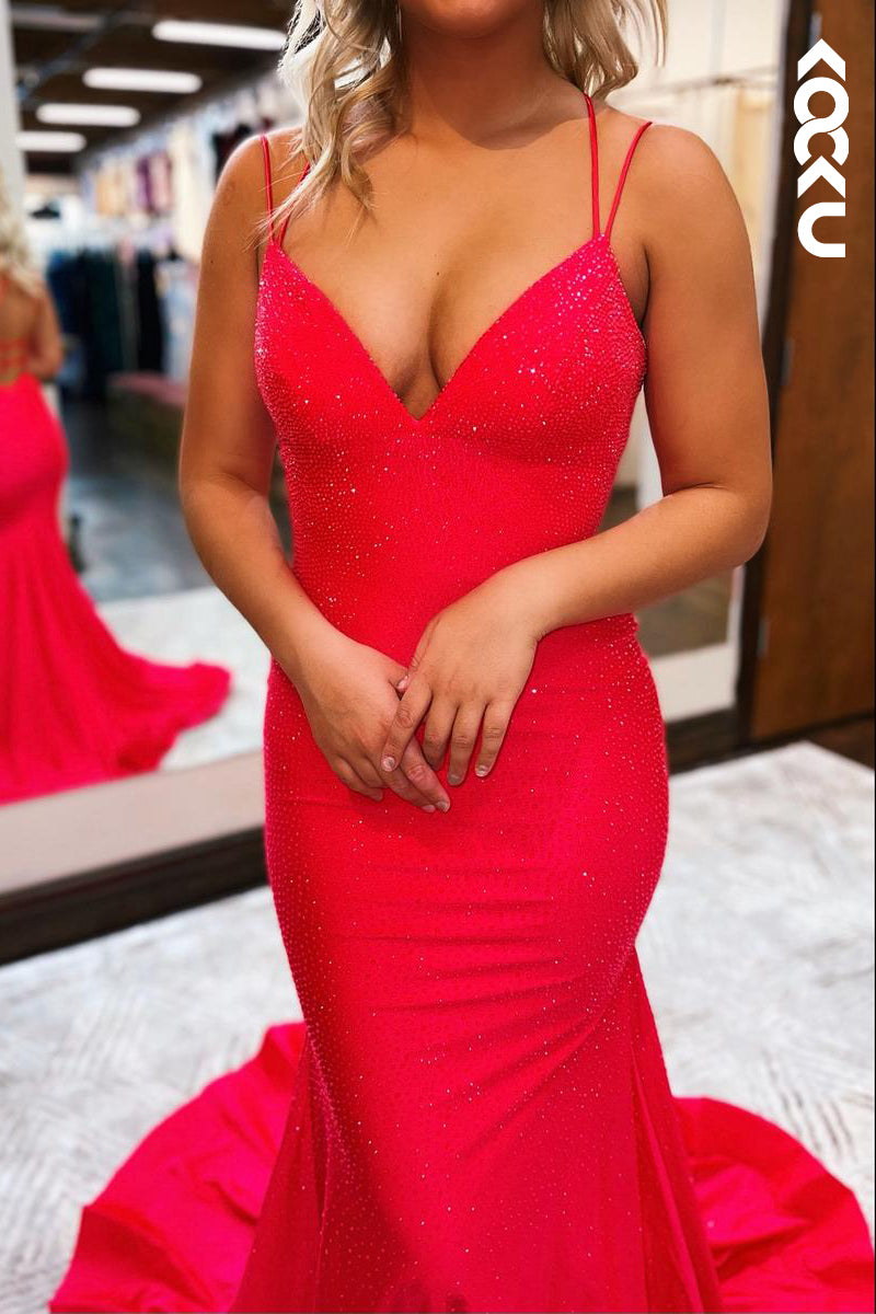 L2210 - Red V-Neck Criss-Cross Straps Mermaid Long Evening Party Prom Dress