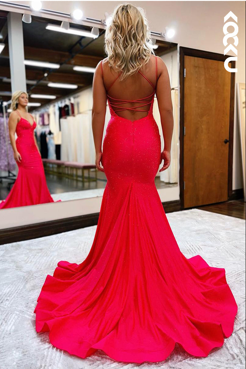 L2210 - Red V-Neck Criss-Cross Straps Mermaid Long Evening Party Prom Dress