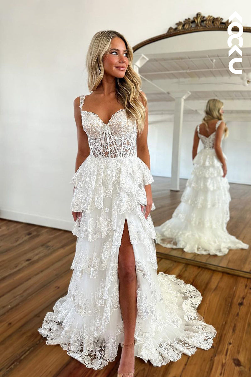 L2196 - Charming Straps V-neck Side Slit Lace Applique Party Prom Dress