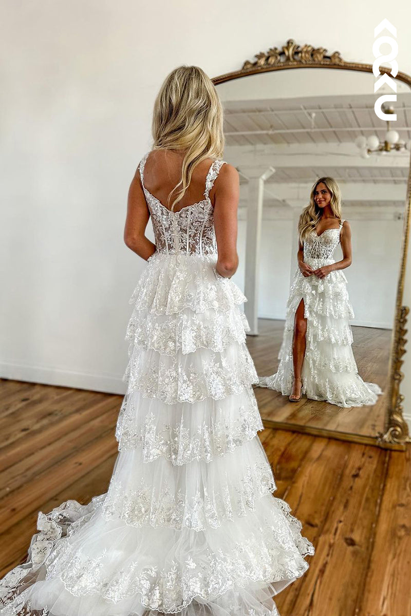 L2196 - Charming Straps V-neck Side Slit Lace Applique Party Prom Dress