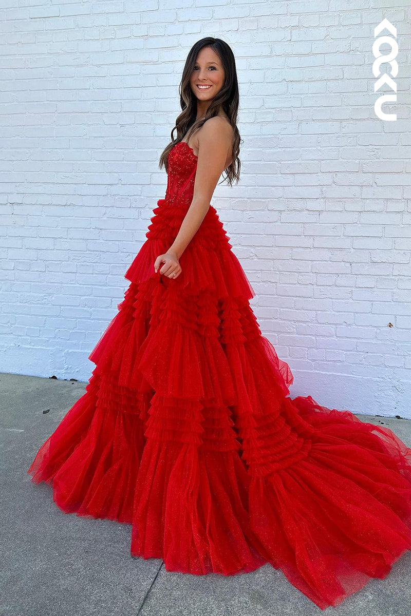 L2386 - Hot Red Off-Shoulder Sleeveless Long A-Line Applique Formal Prom Dress