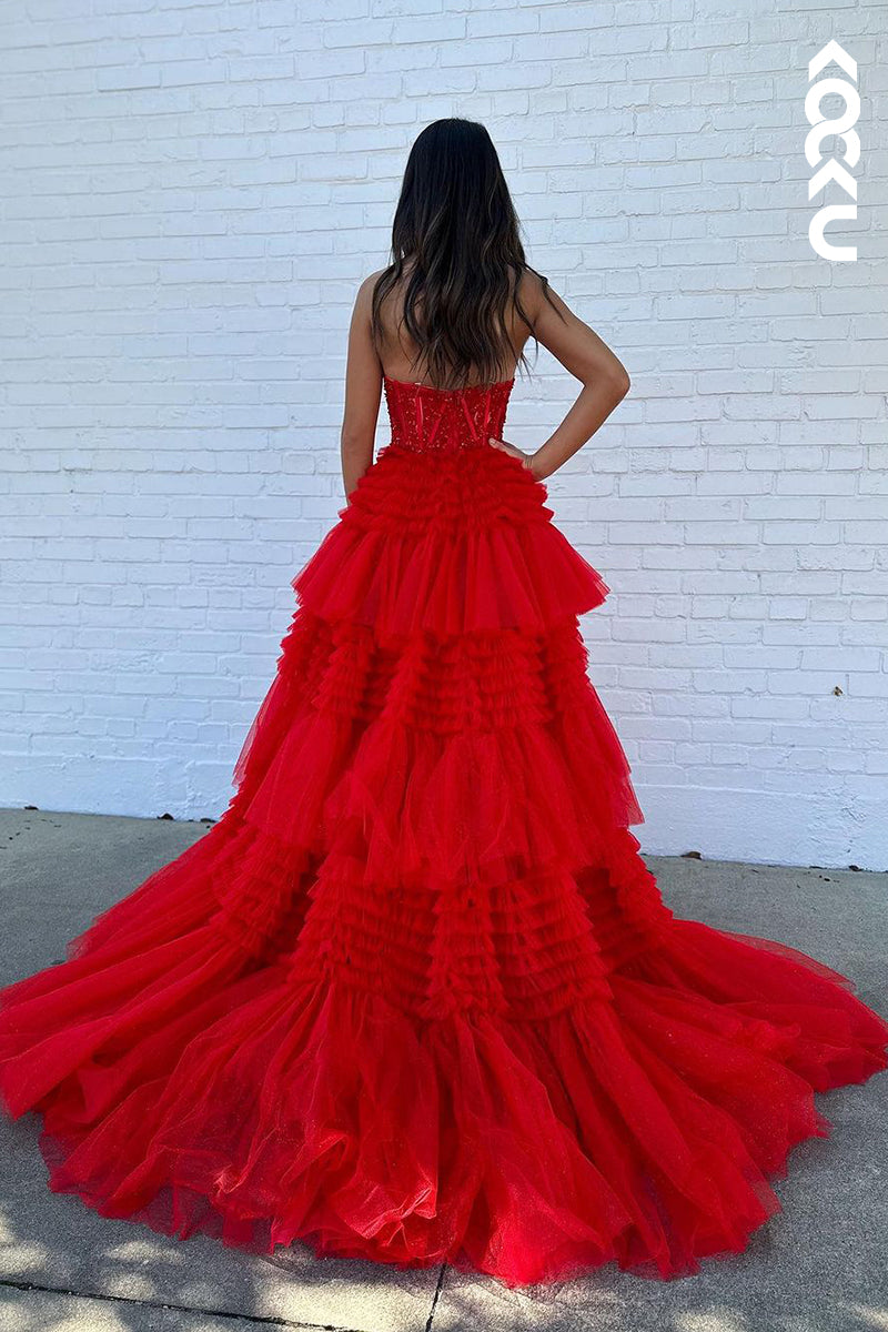 L2386 - Hot Red Off-Shoulder Sleeveless Long A-Line Applique Formal Prom Dress
