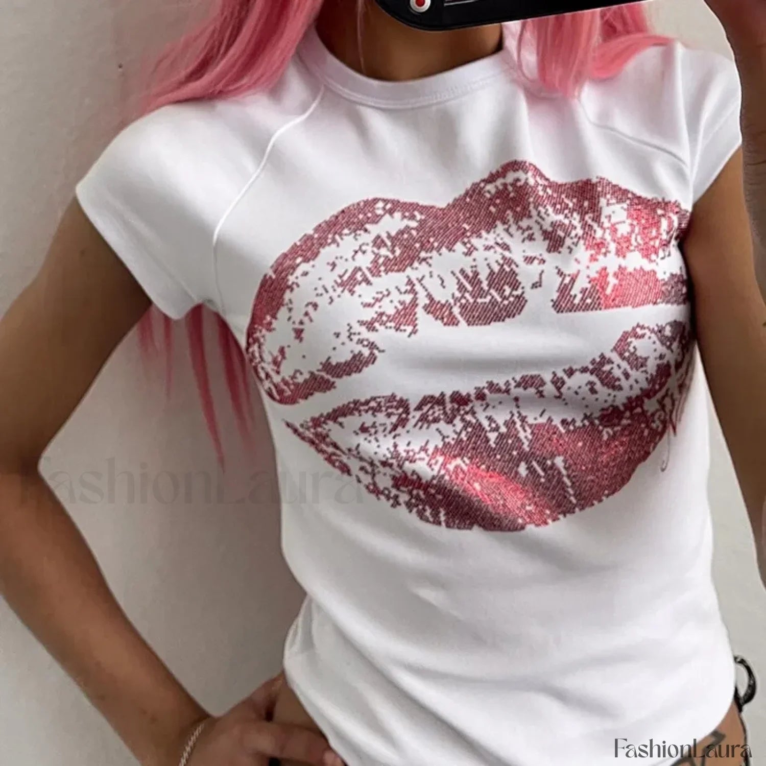 Kpop Y2k Lips Rhinestone 2000s Vintage Baby Tee