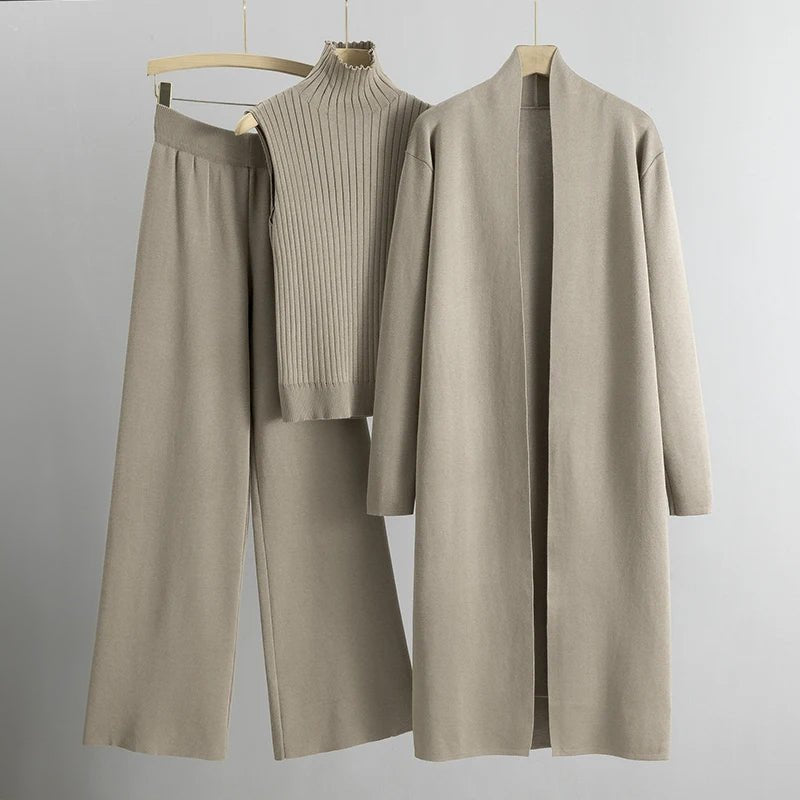 Mock Neck Sweater Longline Cardigan and Wide Leg Pants Three Piece Set