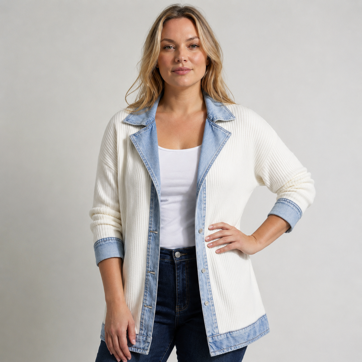 Denim Contrast Ribbed Knit Button Front Cardigan