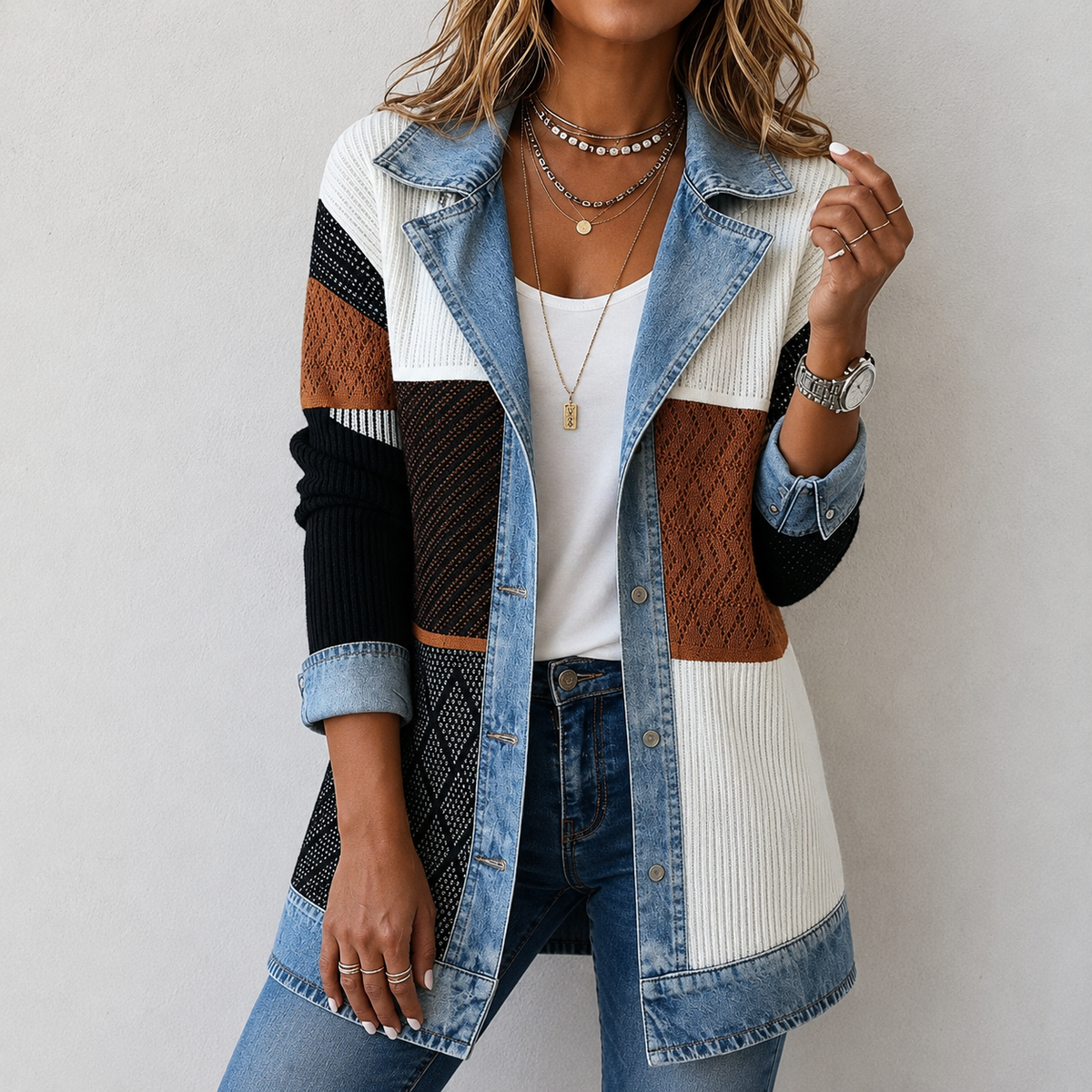 Denim Contrast Ribbed Knit Button Front Cardigan