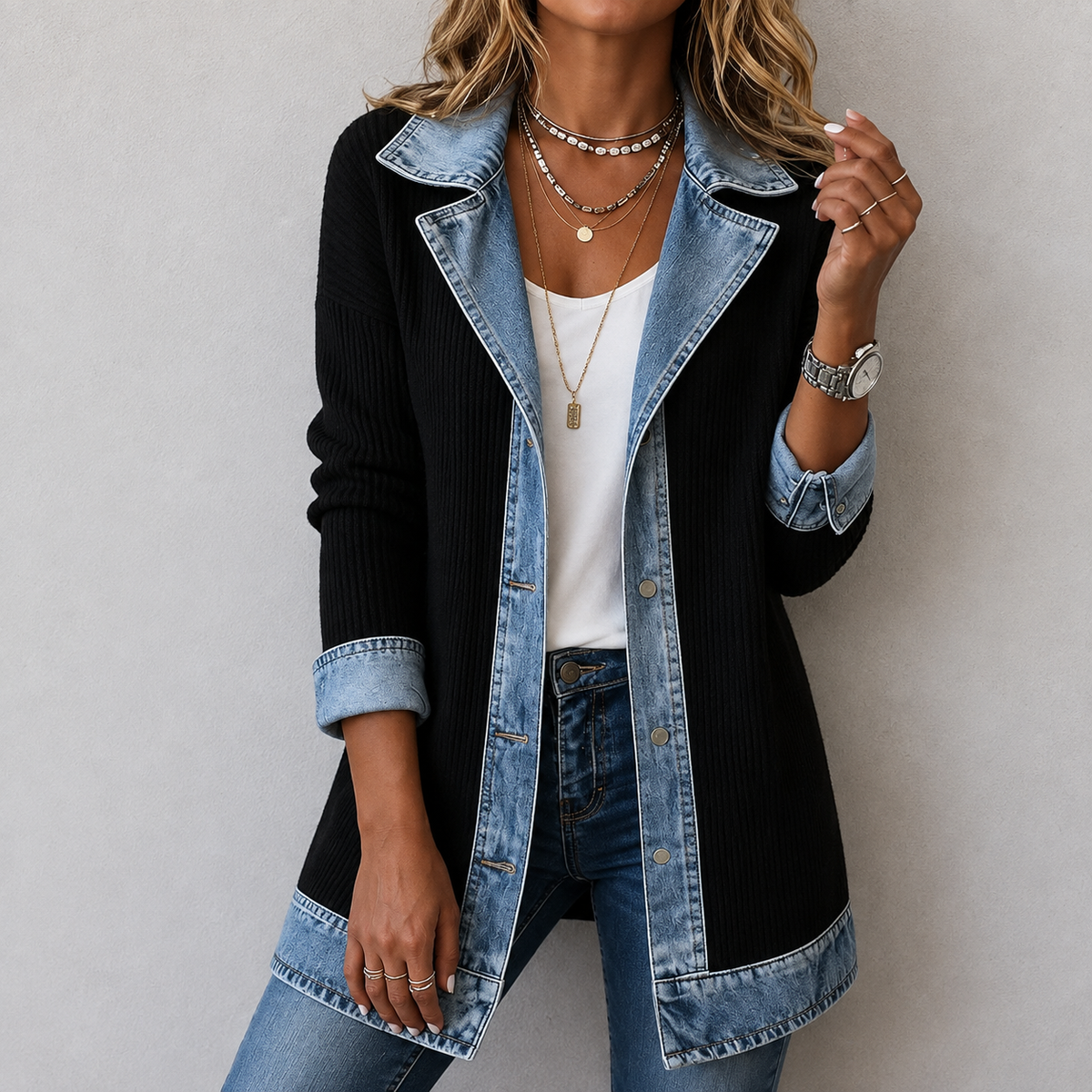Denim Contrast Ribbed Knit Button Front Cardigan